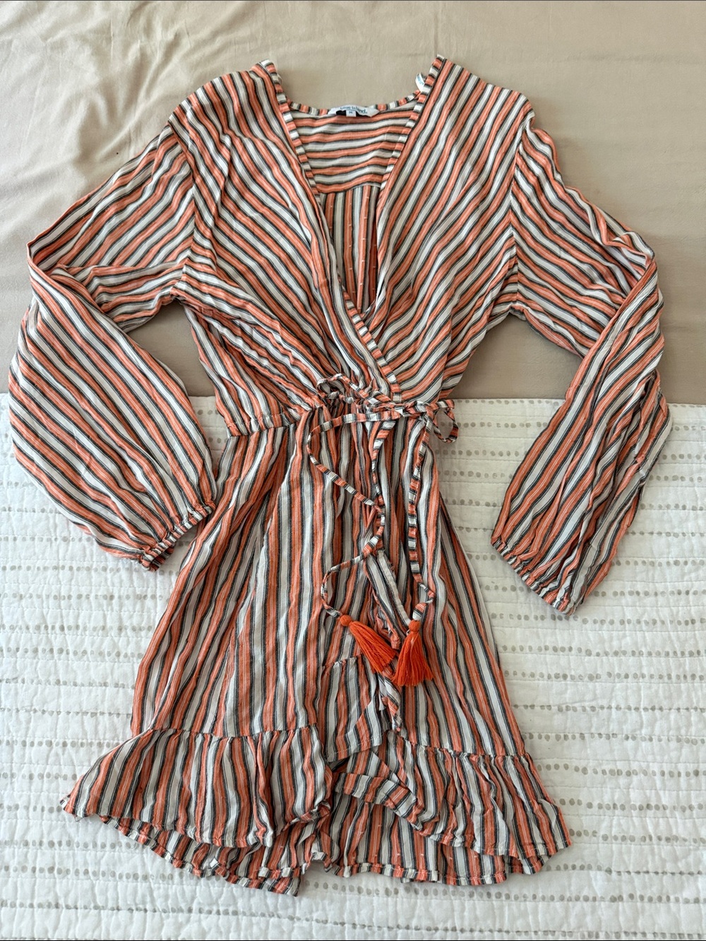 Striped Faux-Wrap sundress/cover up with Tassel Tie - Orange, White & Grey